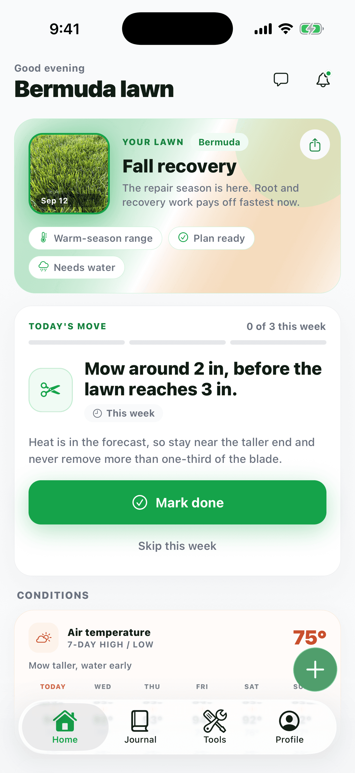 What Grass Is This iOS home screen showing today's lawn task